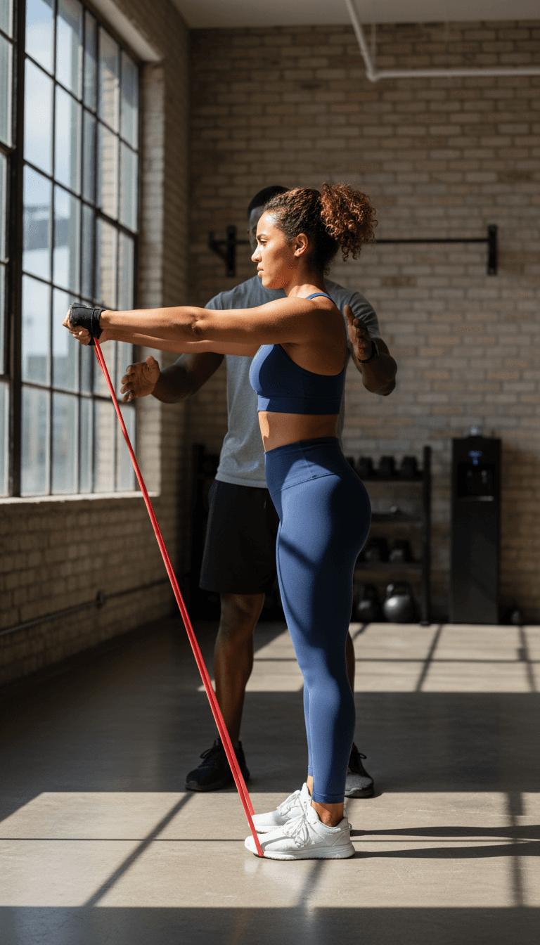 Female client performing controlled resistance band pull-apart with trainer supervision in bright studio