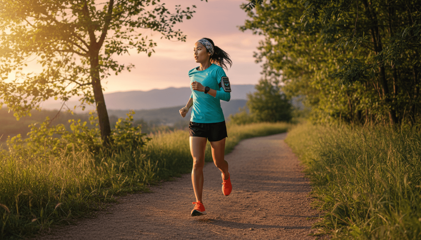 Athlete jogging on outdoor trail during golden hour with smartphone fitness app connectivity for real-time coaching
